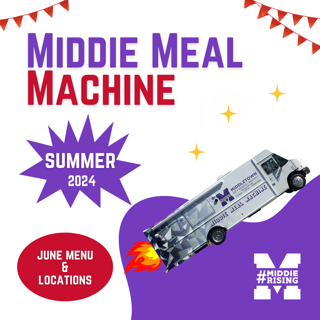 Graphic reads "Middie Meal Machine, Summer 2024, June Menu & Locations"